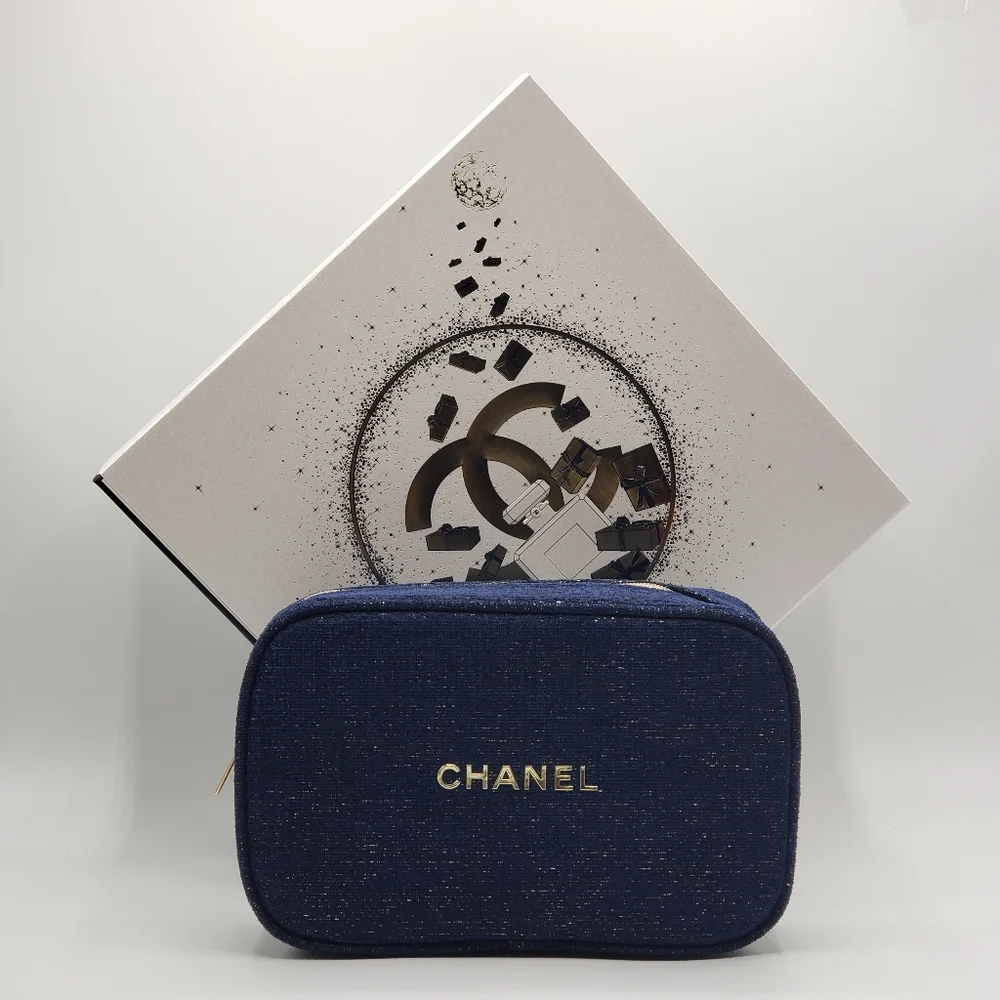 Authentic Chanel Cosmetic Bag Blue Gold Gift Box